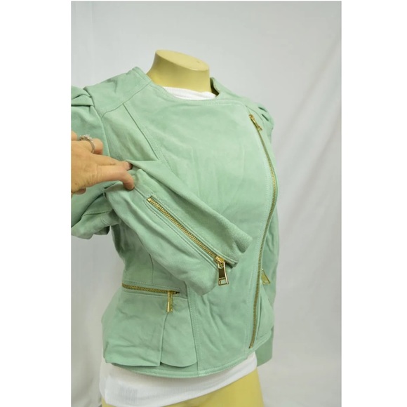 Bebe Jacket Coat Zip Up Peplum Beige - 229450 - Suede Light Mint Green- Size S/P - Picture 6 of 7
